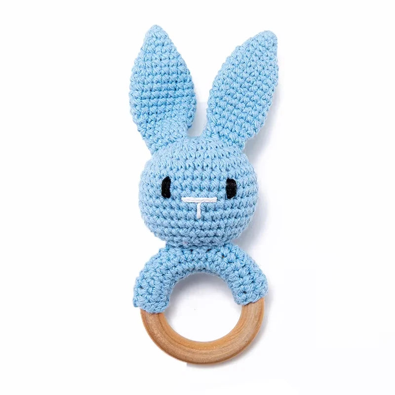 Crochet Bunny Rattle & Wooden Teether Toy BPA Free