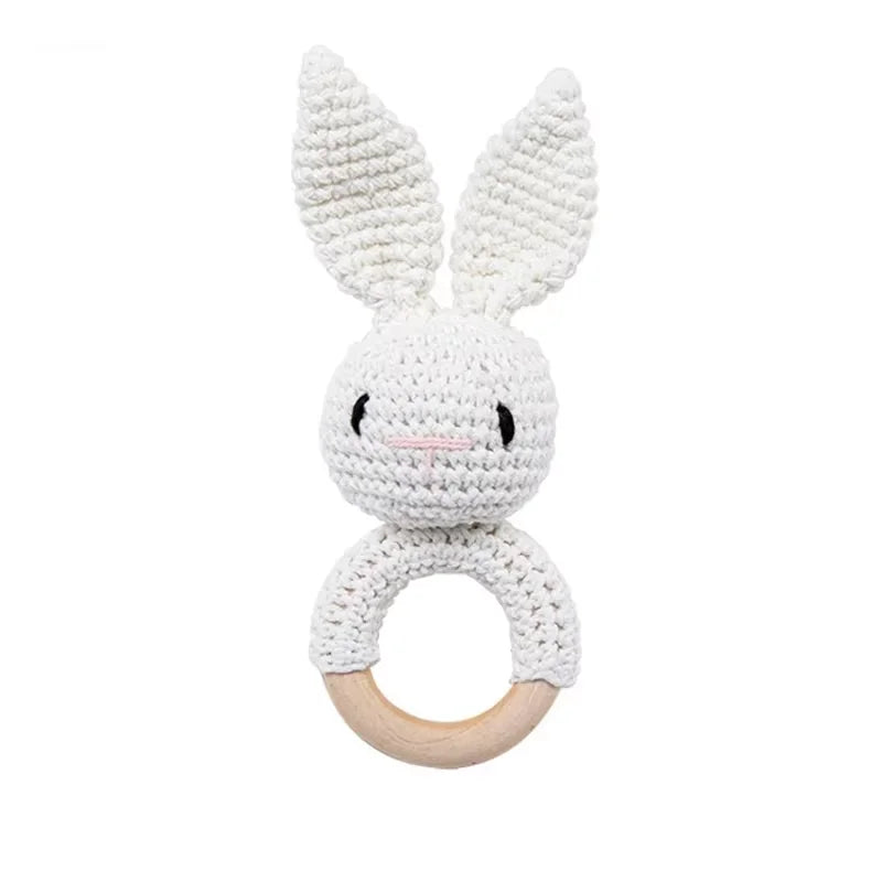 Crochet Bunny Rattle & Wooden Teether Toy BPA Free