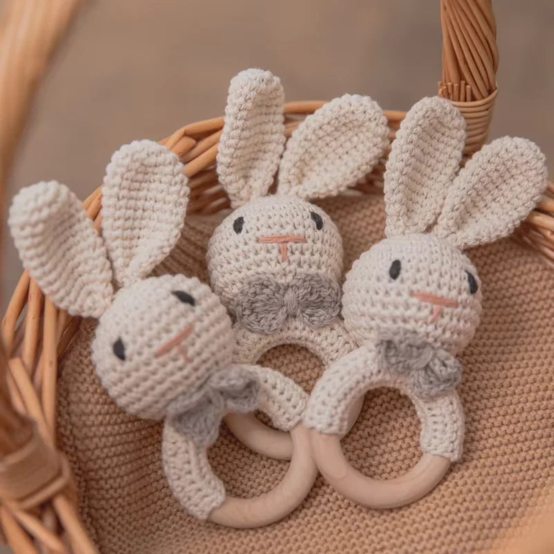 Crochet Bunny Rattle & Wooden Teether Toy BPA Free