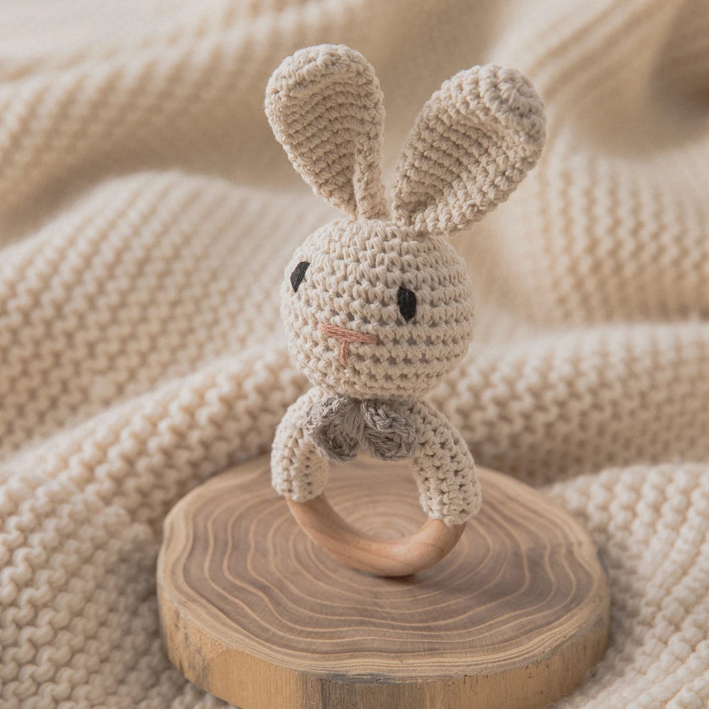 Crochet Bunny Rattle & Wooden Teether Toy BPA Free