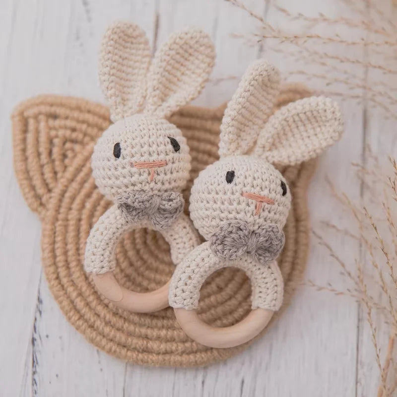 Crochet Bunny Rattle & Wooden Teether Toy BPA Free